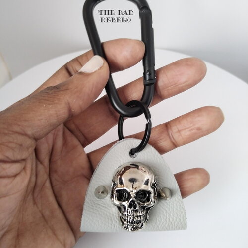 Original porte-cles homme !! skully spike !! tete de mort noir cuir gris spikes en gun metal t.14cm x 5.5cm the bad rebel collection