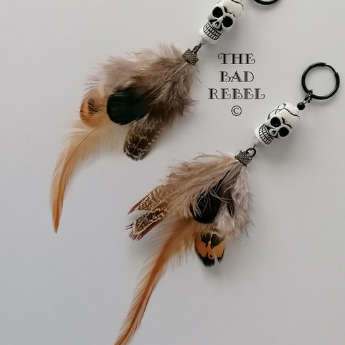 Original boucle d'oreilles creole homme !! skull feather !! blanc long t 19cm x 5cm the bad rebel collection night silver