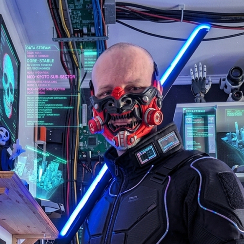 Masque oni cyberpunk - casque samouraï futuriste 2-en-1 amovible - tetsu oni - décoration gaming & support inclus