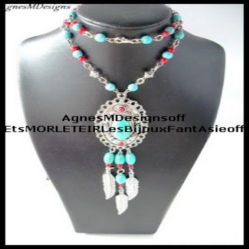 Parure de créatrice amérindienne collier et boucles d oreilles boho en pierres gemmes de turquoise veinées