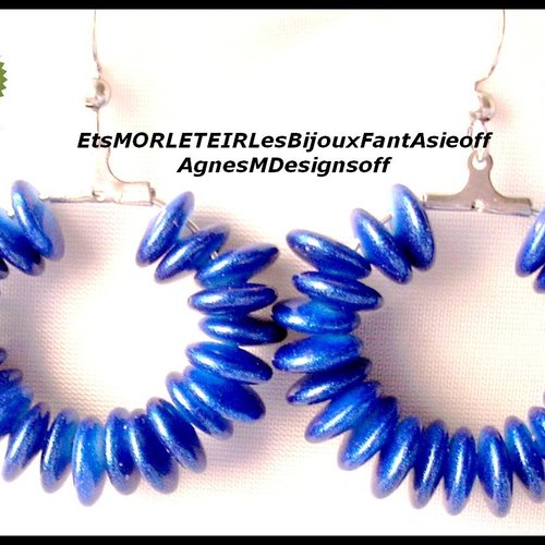 Boucles d'oreilles créoles acier silver en perles lentilles bleues électriques
