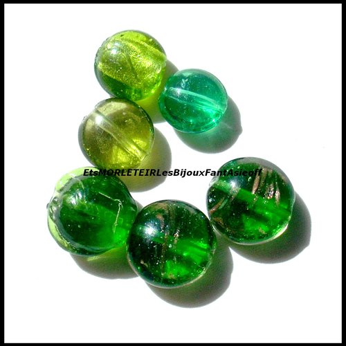 Lot de 6 perles lampwork ronde vert mélange