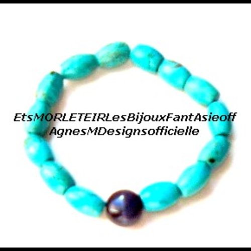 Bracelet de créatrice élastique en pierres de turquoise veinée et oeil de chat rond plat noir