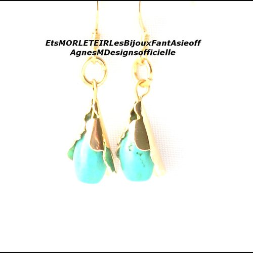 Boucles d oreilles acier design dorées howlite turquoise