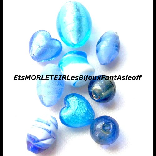 Lot de perles lampwork mélange camaieu bleu