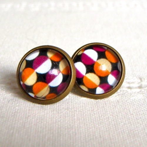 Boucles d'oreille puces "motifs rétros ronds orange, blanc, violet" 