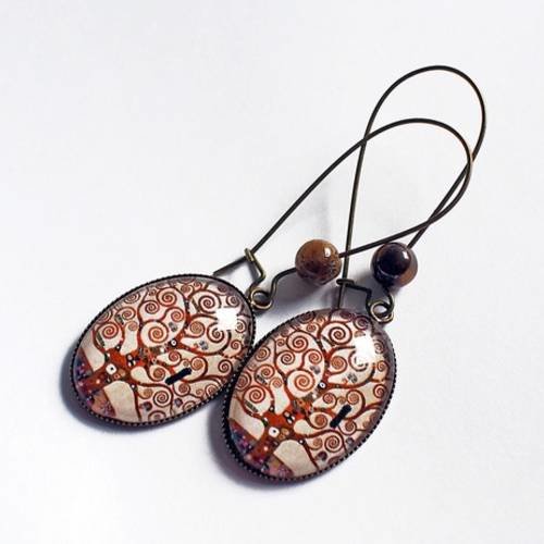 Boucles d'oreille pendantes, cabochons ovales, arbre de vie, gustave klimt, perles œil de tigre. 