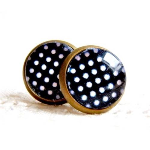 Boucles d'oreille puces, en bronze "pois blancs sur fond noir"