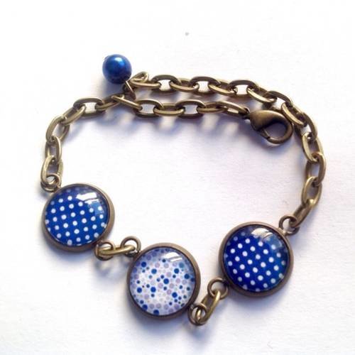 Bracelet, cabochon, pois bleus et blancs, perle, en bronze. 