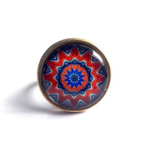 Bague cabochon, mandala, kaléidoscope tons oranges et bleus, en bronze. 