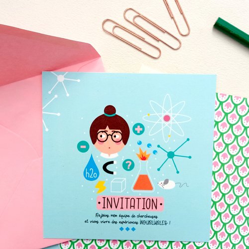 Invitation anniversaire fille, thème les sciences, maths, expériences, biologie, illustration