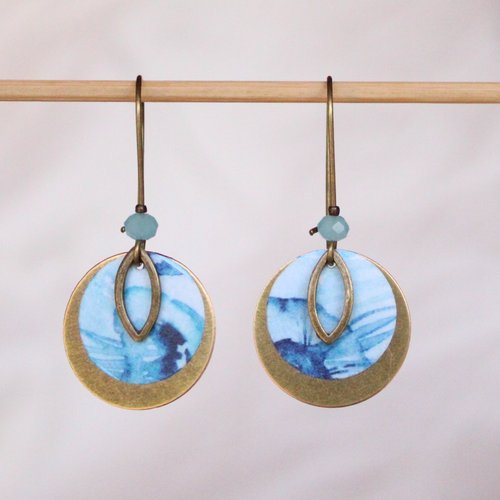 Boucles d'oreilles rondes bronze et bleu turquoise motif aquarelle modèle  manami 真奈美 : sept mers