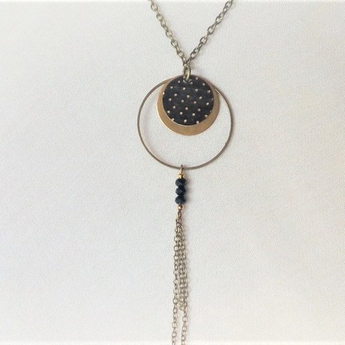 Collier bronze pendentif motifs japonais marine triangle et rond perle lapis lazuli modèle cornuelle