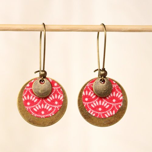 Boucles d'oreilles rondes bronze et rouge motifs japonais modèle natsuki  夏樹 arbre de l'été