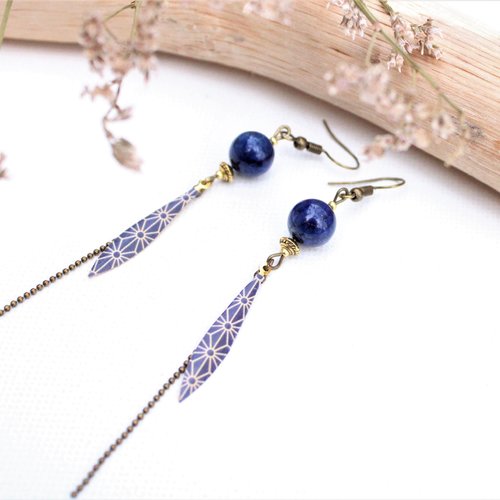 Boucles d'oreilles très longues artisanales gemmes lapis lazuli
