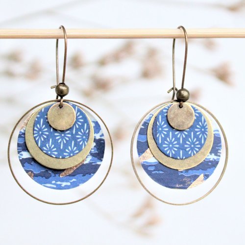Boucles d'oreilles rondes japonaises originales cercles patchwork mix and match coordonnés de bleu motifs vagues