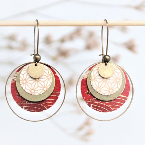 Boucles d'oreilles rondes japonaises originales cercles patchwork mix and match coordonnés de rouge et or motifs vagues