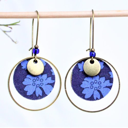 Boucles d'oreilles rondes tissu liberty capel recyclé fleurs bleu violet et bronze