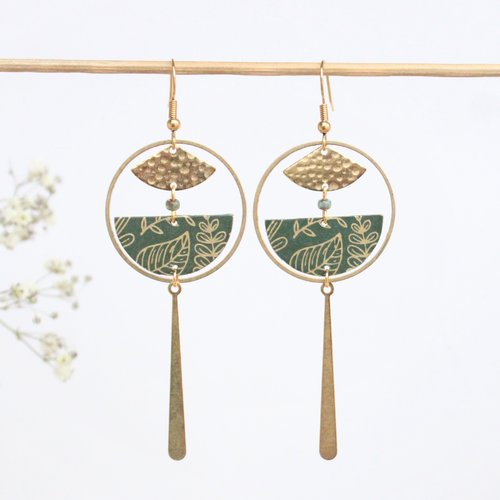 Boucles d'oreilles zen inspiration japandi vert et doré  fantaisie rondes cercles motifs japonais crochet inoxydable
