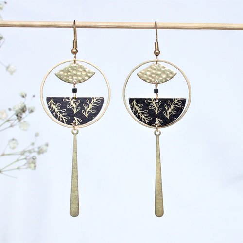 Boucles d'oreilles zen inspiration japandi noir et doré  fantaisie rondes cercles motifs japonais crochet inoxydable
