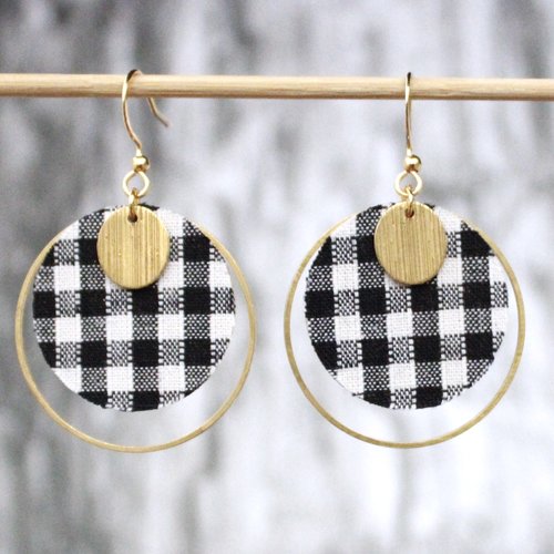 Boucles d'oreilles vichy noir et blanc fantaisie rondes cercles crochet inoxydable