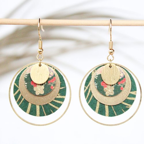 Boucles d'oreilles rondes japonaises originales cercles patchwork mix and match coordonnés de vert sapin doré