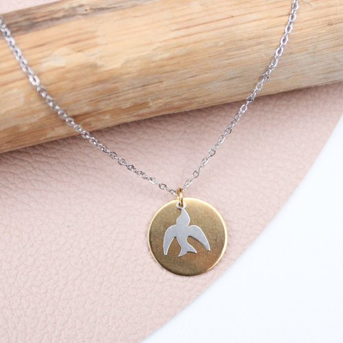 Collier chaine fine ras de cou pendentif oiseau doré et argenté inoxydable