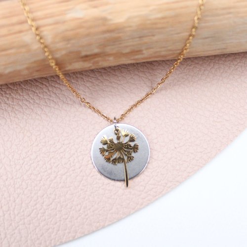 Collier chaine fine ras de cou pendentif pissenlit doré et argenté inoxydable