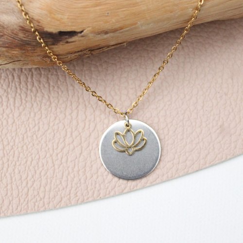 Collier chaine fine ras de cou pendentif fleur de lotus doré et argenté inoxydable