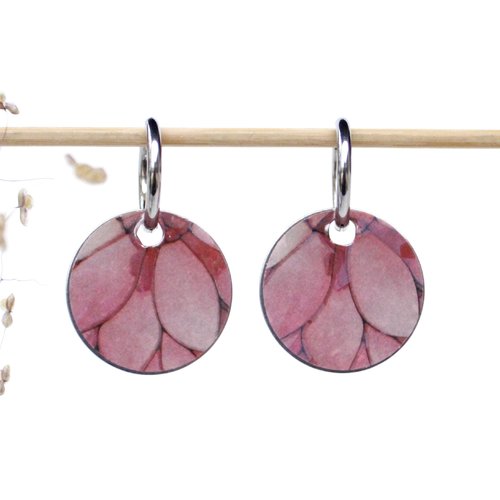 Créoles argenté inoxydables pendentif médaille breloque pétales fleurs rose fuchsia
