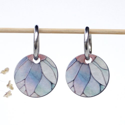 Créoles argenté inoxydables pendentif médaille breloque pétales fleurs bleu