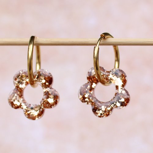 Créoles inoxydable couleur or pendentif interchangeable fleur résine paillettes ambre marron
