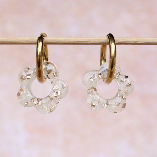 Créoles inoxydable couleur or pendentif interchangeable fleur résine paillettes blanc or