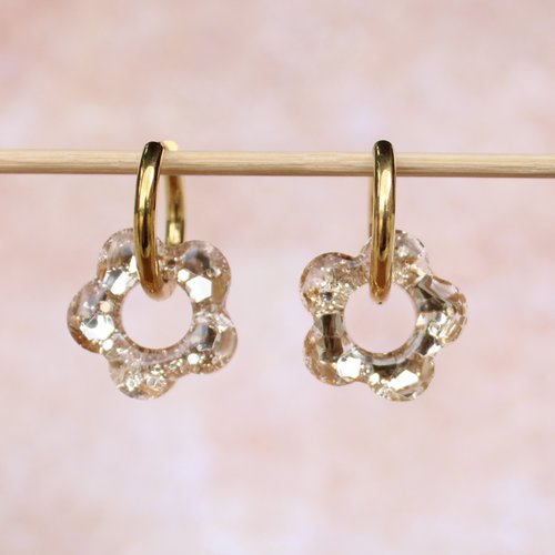 Créoles inoxydable couleur or pendentif interchangeable fleur résine paillettes beige champagne