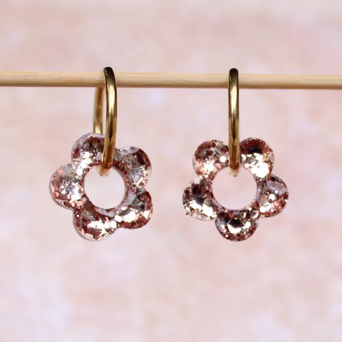Créoles inoxydable couleur or pendentif interchangeable fleur résine paillettes violet figue
