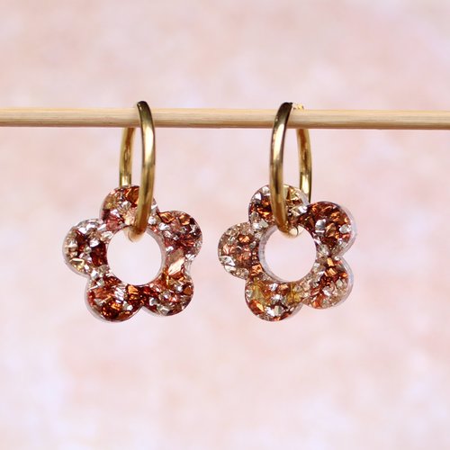 Créoles inoxydable couleur or pendentif interchangeable fleur résine pierres ton marron beige
