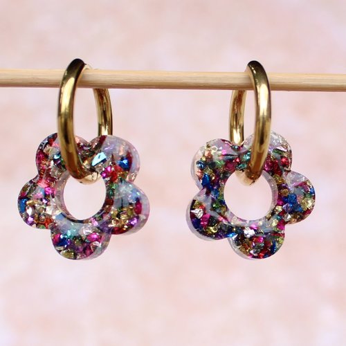 Créoles inoxydable couleur or pendentif interchangeable fleur résine pierres multicolore
