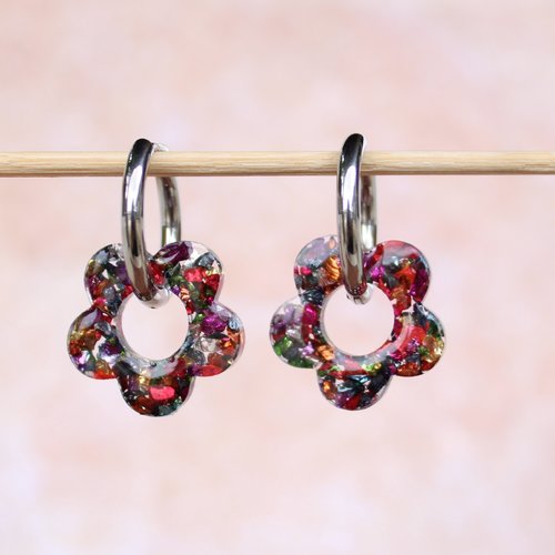 Créoles inoxydable couleur argent pendentif interchangeable fleur résine pierres multicolores