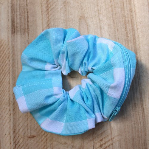Chouchou zippé chouchou fermeture éclair vichy bleu turquoise et blanc