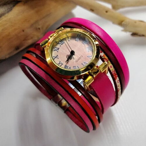 Montre bijoux "madrid" en cuir, rose, bordeaux,