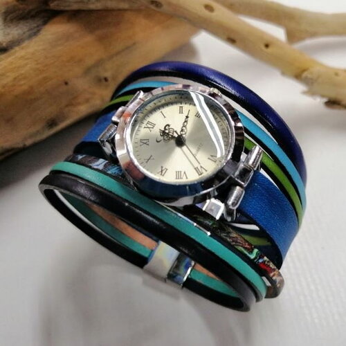 Montre bijoux &quot;madrid&quot; en cuir vert, bleu, turquoise.