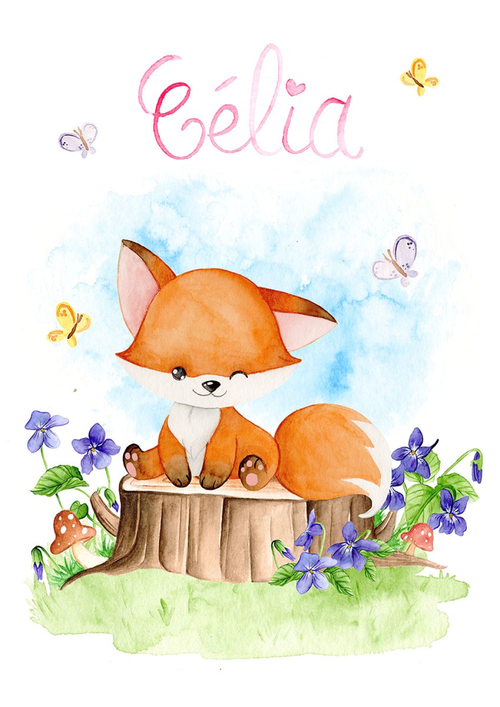 Affiche Illustration Aquarelle 13x18 Cm Chambre Bebe Aquarelle Mignon Renard Personnalisable Impression Idee Cadeau Naissance Poster Un Grand Marche