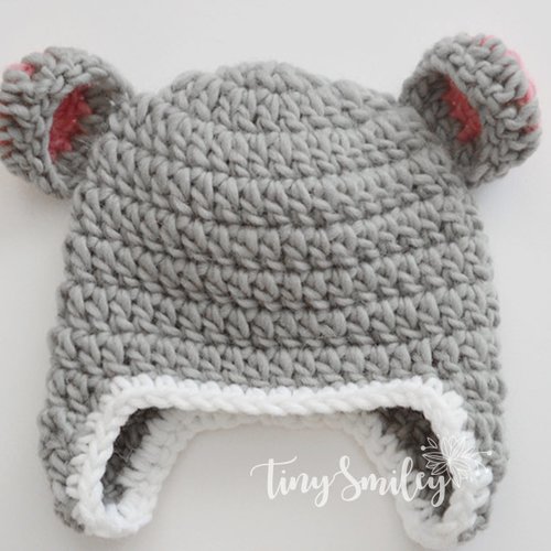 Bonnet bébé nounours gris bonnets cache-oreilles naissance laine