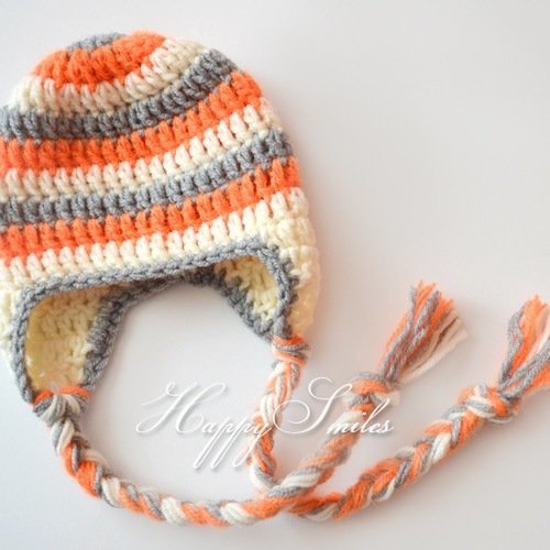 Bonnet bébé rayé crocheté gris orange ivoire cache-oreilles naissance pour garçon cadeau bébé