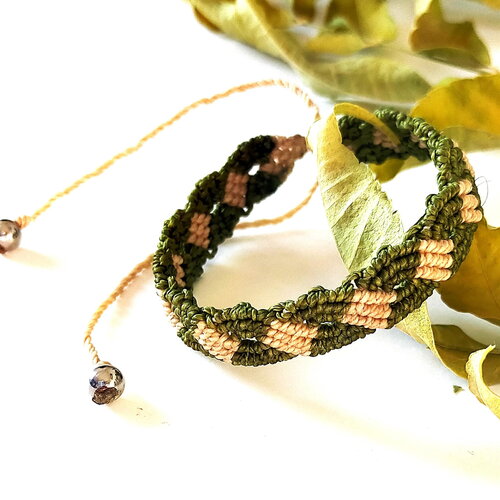 Bracelet tissé en macramé, ajustable, perles, mixte, homme, femme, vert, beige, personnalisable