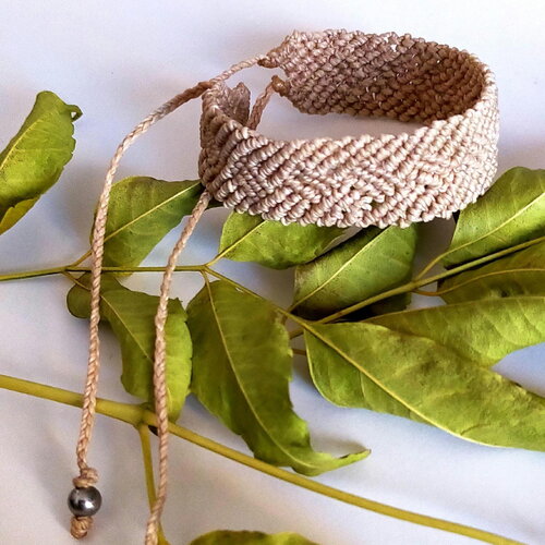 Bracelet homme, tissé, macramé, beige, naturel, réglable, inox,cadeau, mixte