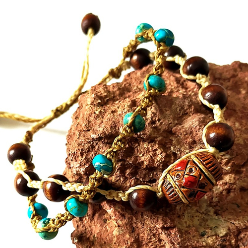 Bracelet bohème, turquoise, perle pérou, céramique, bois, macramé, ajustable, mixte, femme, homme