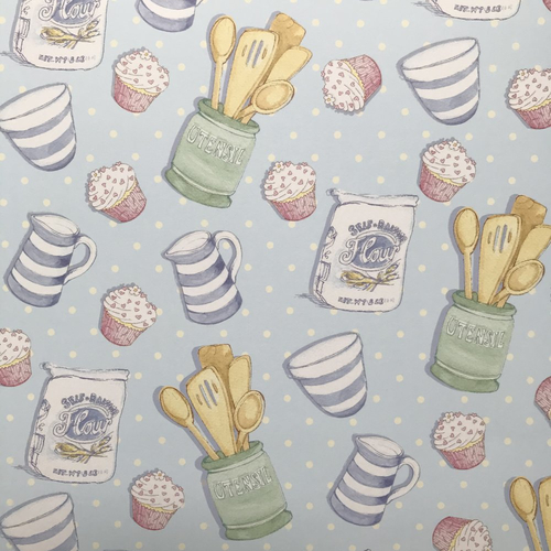 Papier scrapbooking 30.5 x 30.5 cm cupcake kitchen blue fond bleu pois beige
