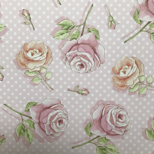 Papier scrapbooking 30.5 x 30.5 cm fleurs roses fond rose pois blanc