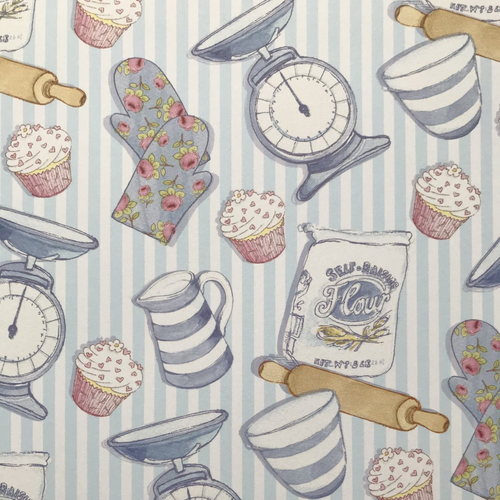 Papier scrapbooking 30.5 x 30.5 cm cupcake kitchen blue fond bleu blanc ligné